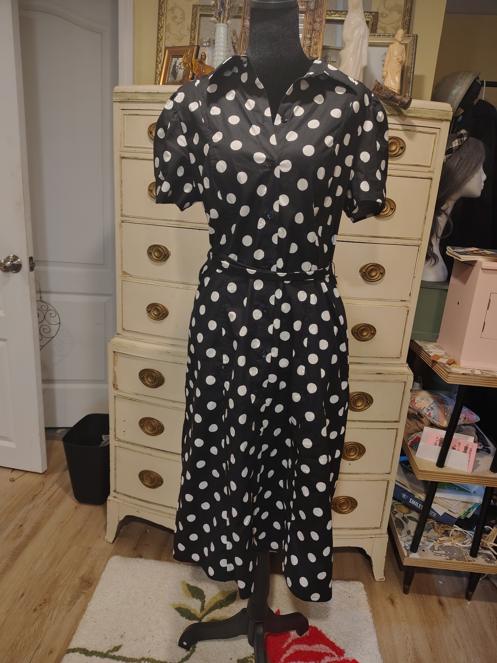 Kasper Black Midi Dress with White Polka Dots NWT